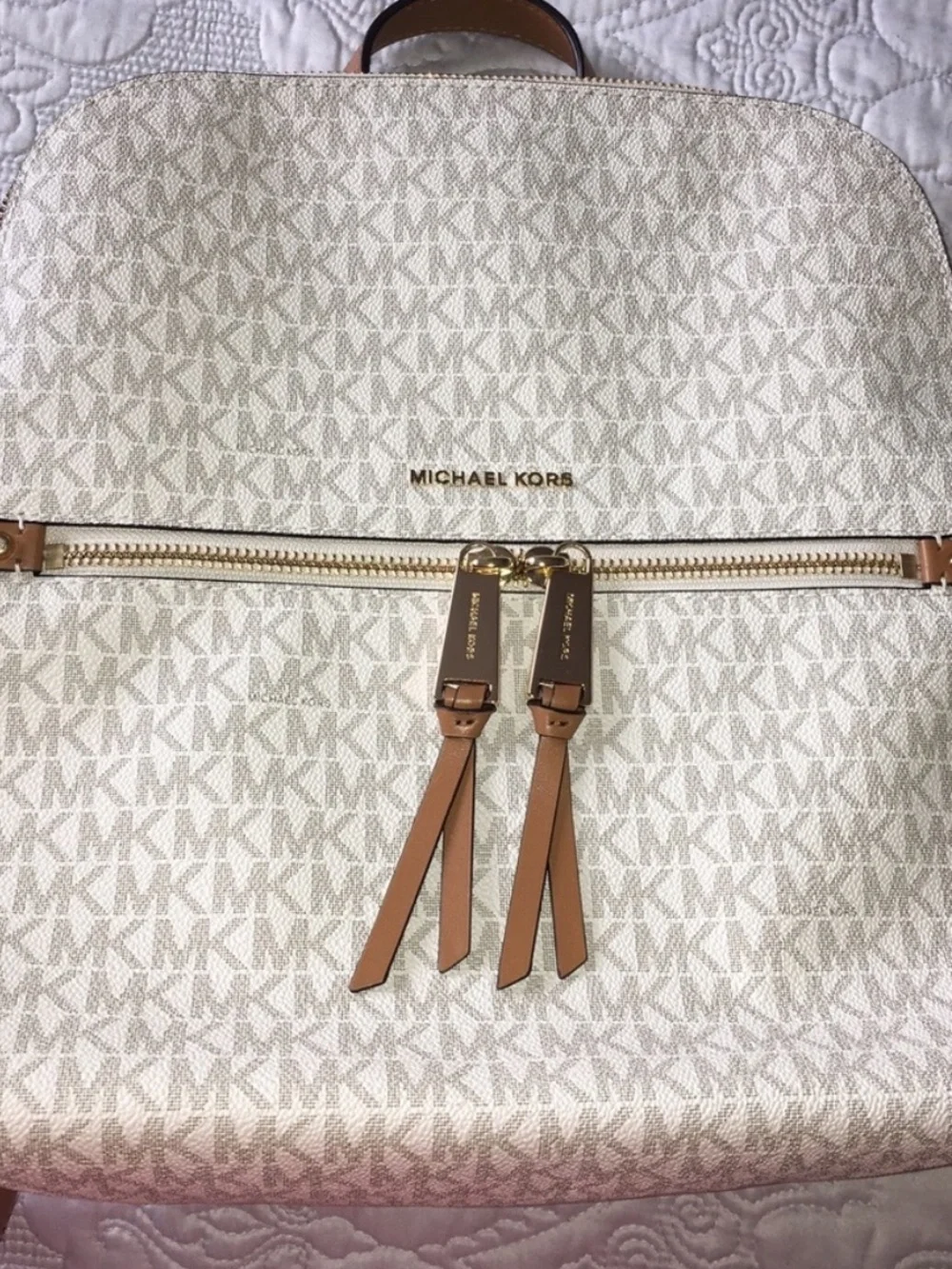Michael Kors Rhea Zip Medium Backpack Cream and Tan Logo